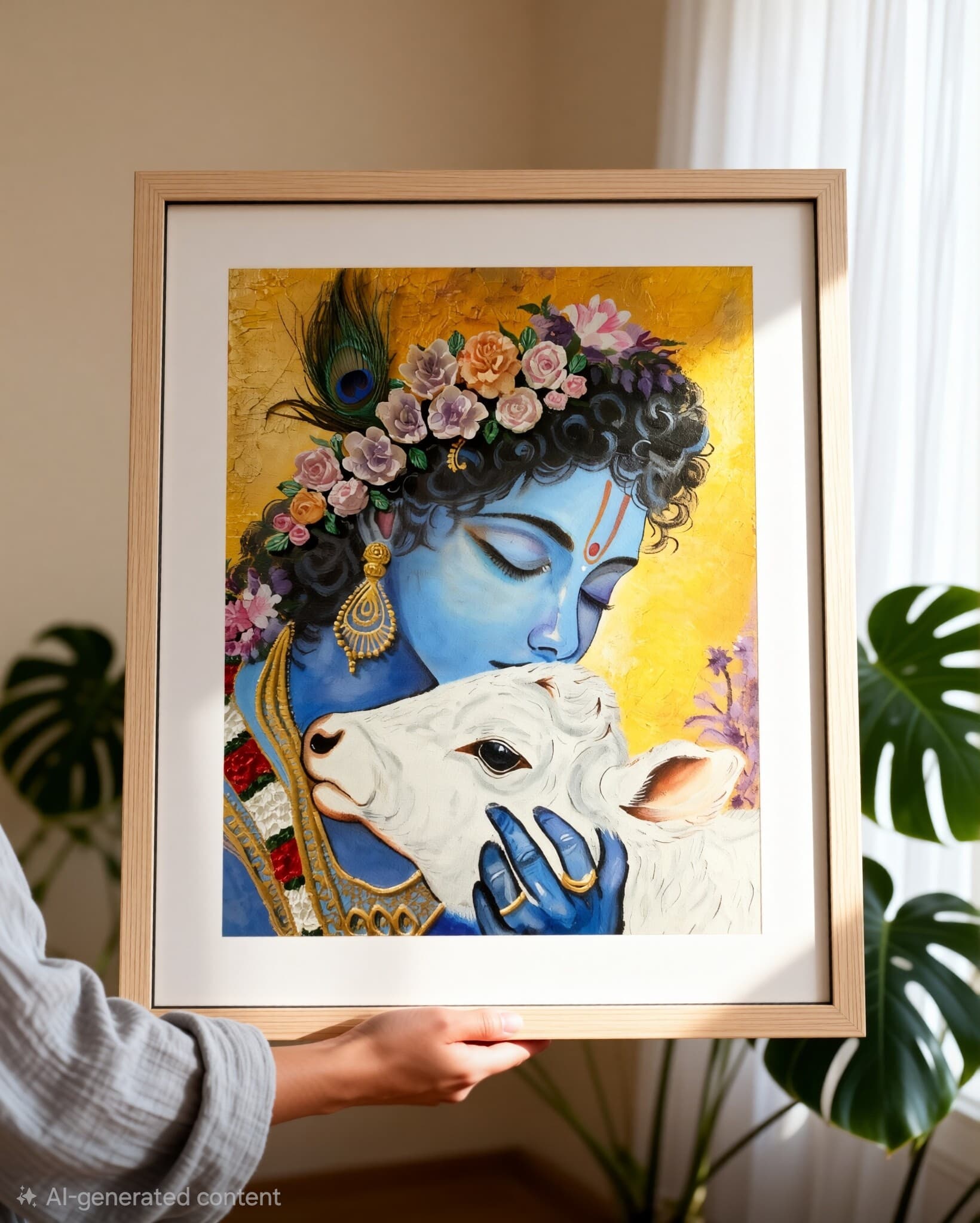 Krishna with calf — 3D flowers · texture, acrylic & air-dry clay