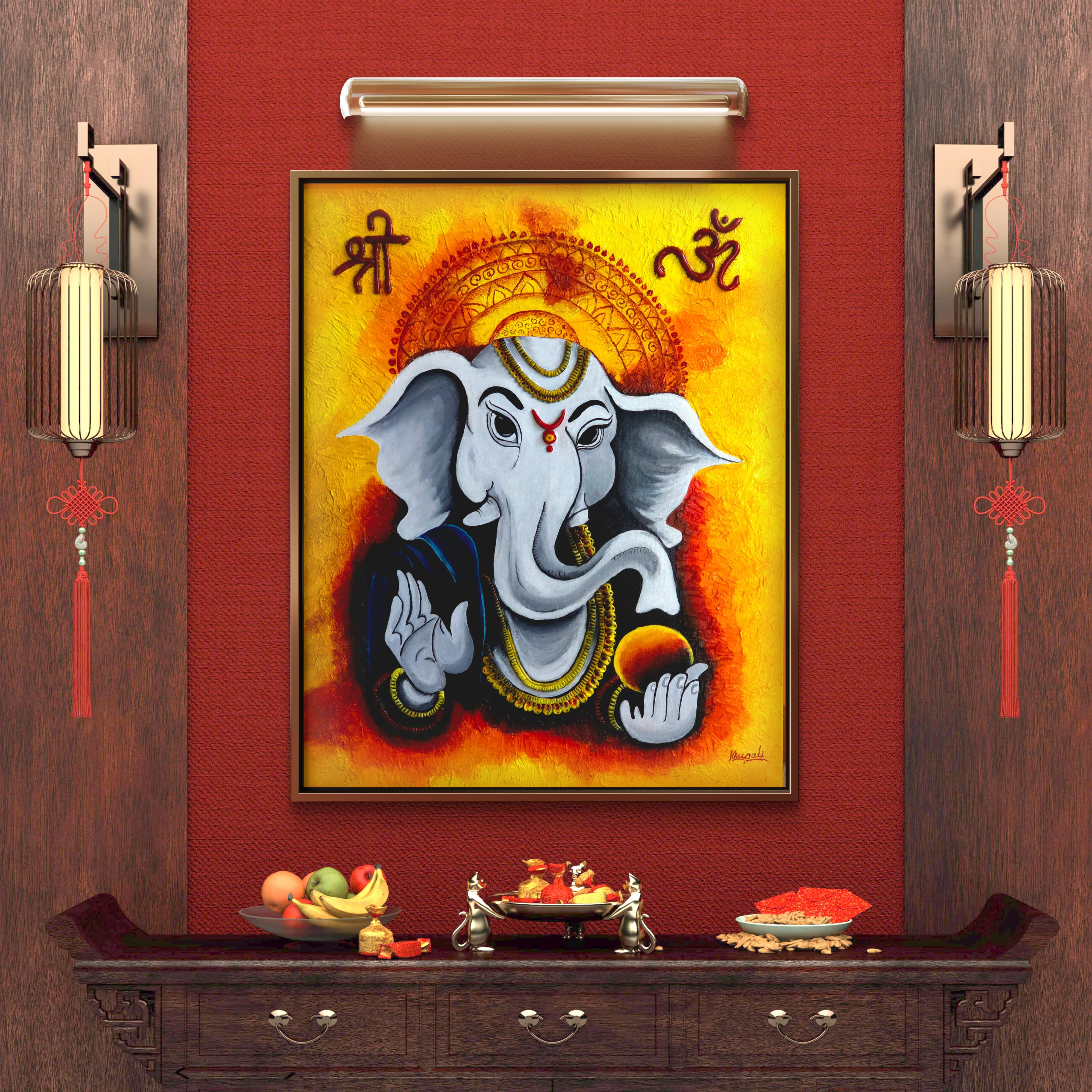 Ganesha — textured background, acrylic & air-dry clay